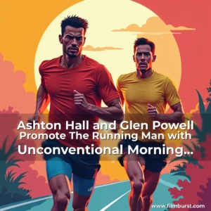 Artistic representation for Ashton Hall and Glen Powell Promote The Running Man with Unconventional Morning Routine